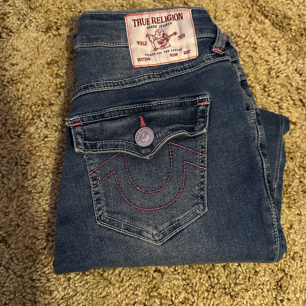 True Religion Blue Jennie Curvy Jeans with Pink Stitching